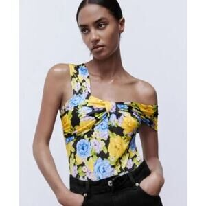 ZARA Floral Off The Shoulder Bodysuit Yellow & Blue Medium